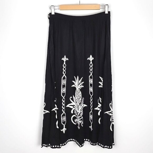 Faith Resortwear Black Long A-Line Skirt White Pineapple Print Sequins Sz Small - Picture 2 of 14